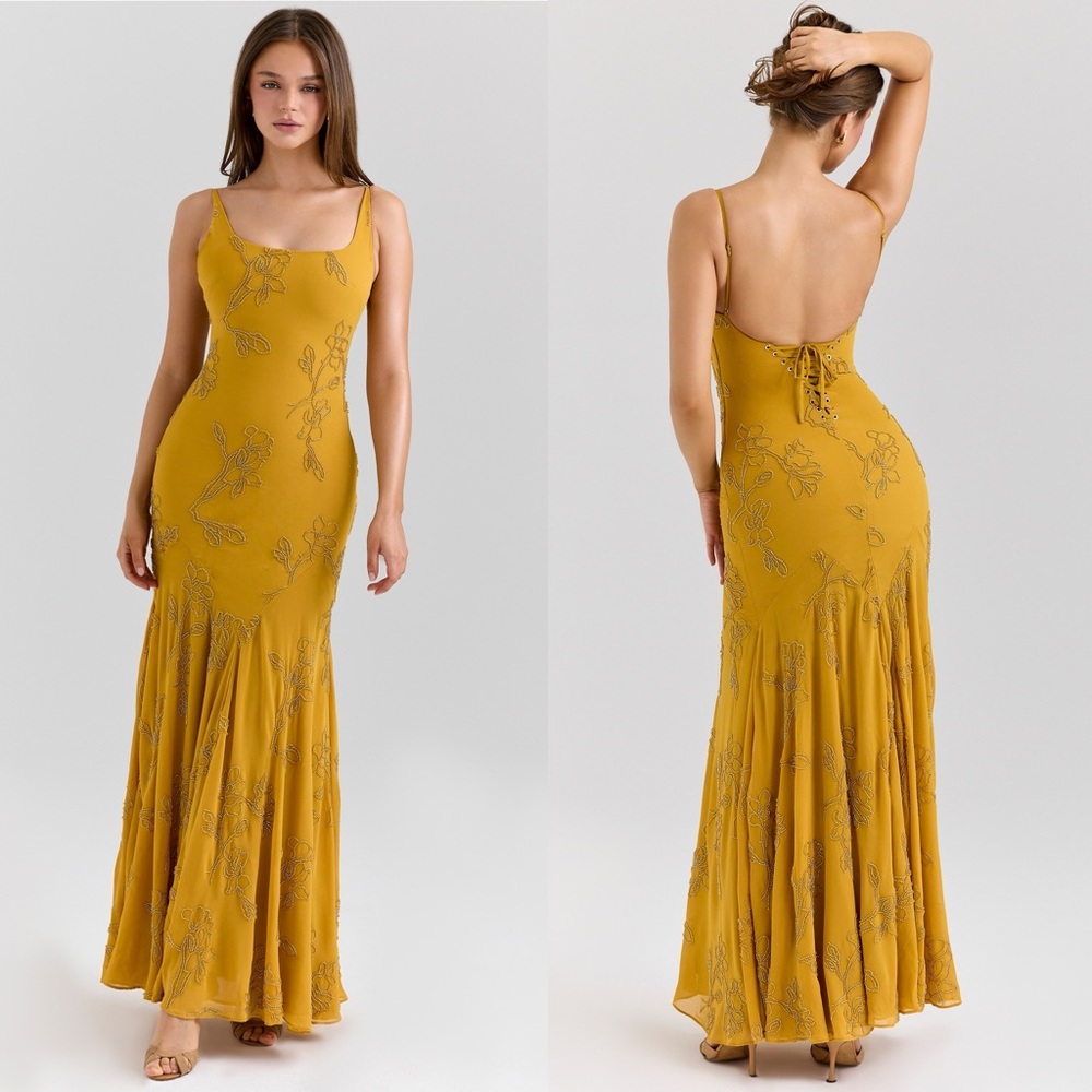 HOUSE OF CB 'Rosalia' Gold Embellished Hand Beaded Maxi Dress/Size L NWOT - Picture 9 of 15